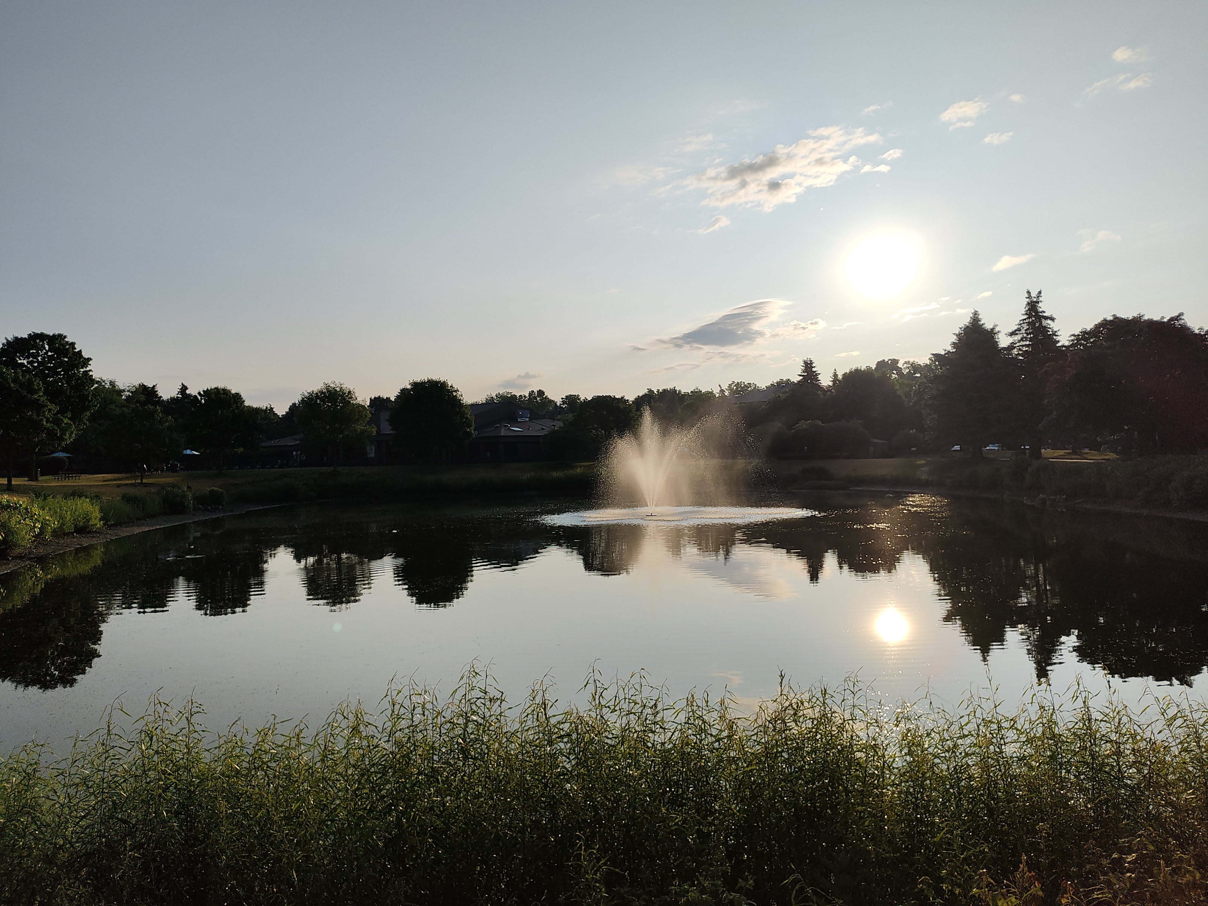 Photo of a pond with a fountain, taken with the Motorola Razr Plus.