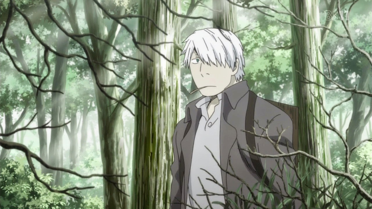 Um homem está em uma floresta em Mushi-Shi.