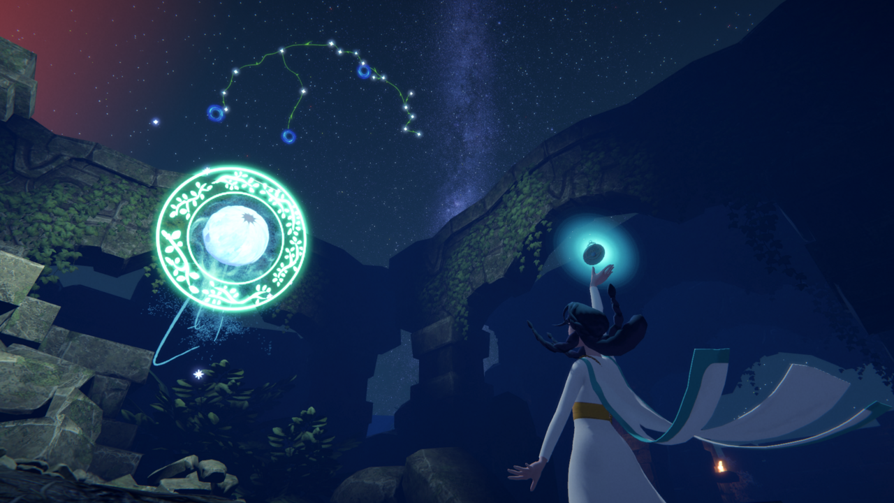A character raises her hand towards the sky in Nightscape.