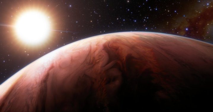 Esta impresión artística ilustra cómo los astrónomos que utilizan el telescopio Gemini Norte, la mitad del Observatorio Internacional Gemini operado por NOIRLab de NSF, han realizado múltiples detecciones de elementos formadores de rocas en la atmósfera de un exoplaneta del tamaño de Júpiter, WASP-76b. El llamado "Júpiter caliente" está peligrosamente cerca de su estrella anfitriona, que está calentando la atmósfera del planeta a temperaturas asombrosas y vaporizando elementos formadores de rocas como magnesio, calcio y hierro, proporcionando información sobre cómo se formó nuestro propio Sistema Solar.