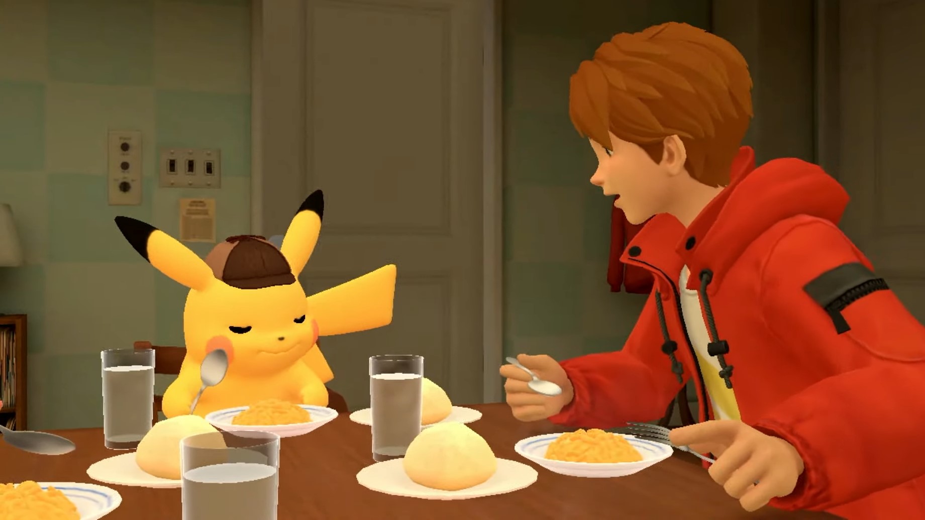 Pikachu with detective cap and boy with brown hair and red jacket eating breakfast