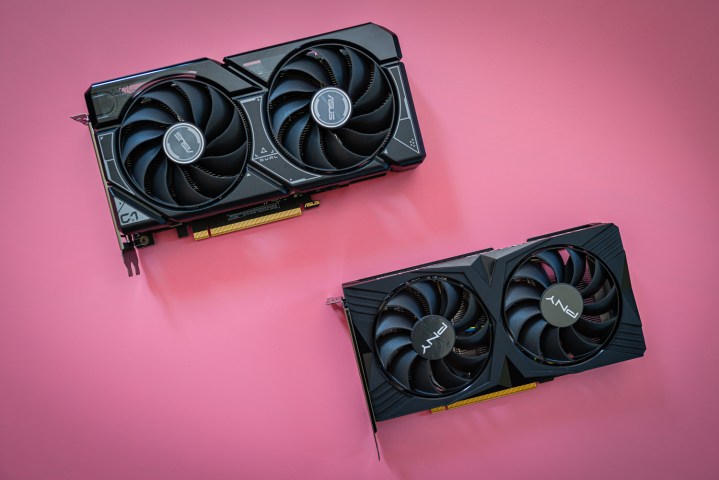 Two RTX 4060 graphics cards on a pink background.