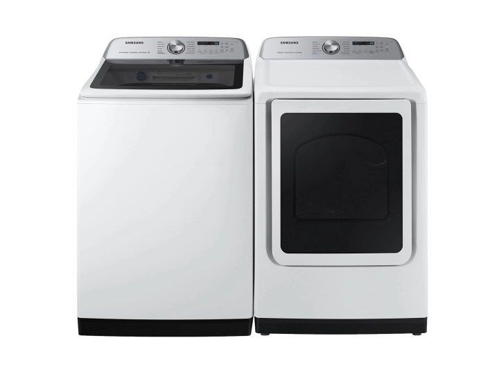 Samsung Top Load Washer and Steam Sanitize front load dryer product image.