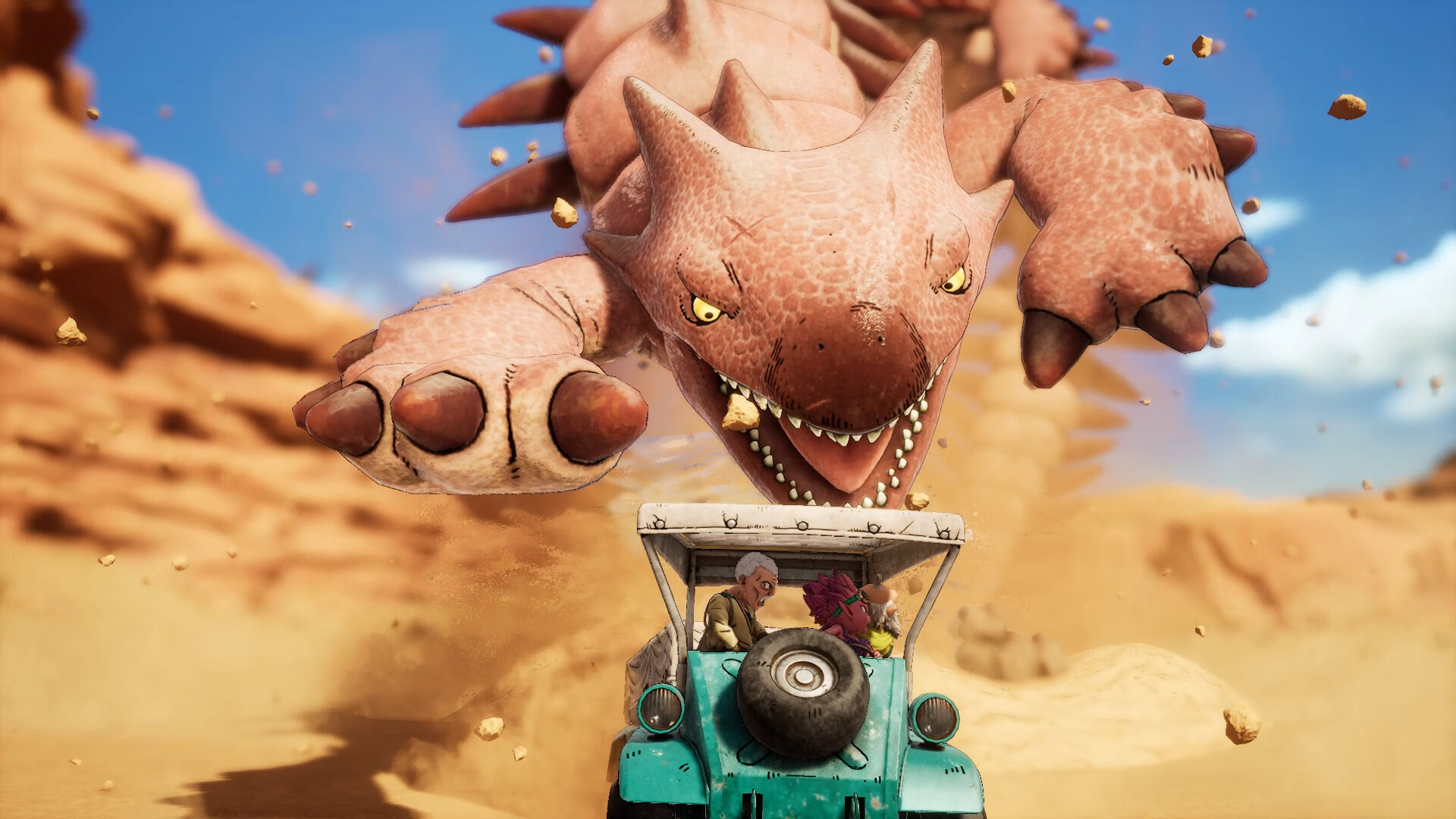A sand creature jumps at a jeep in Sand Land.