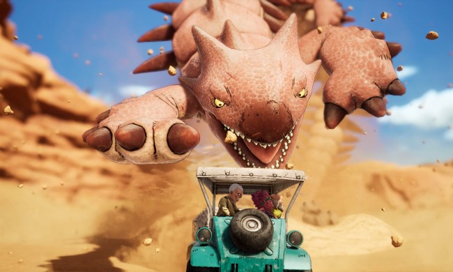 A sand creature jumps at a jeep in Sand Land.