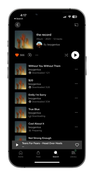 The SoundCloud app showing tracks from Boygenius downloading in progress.