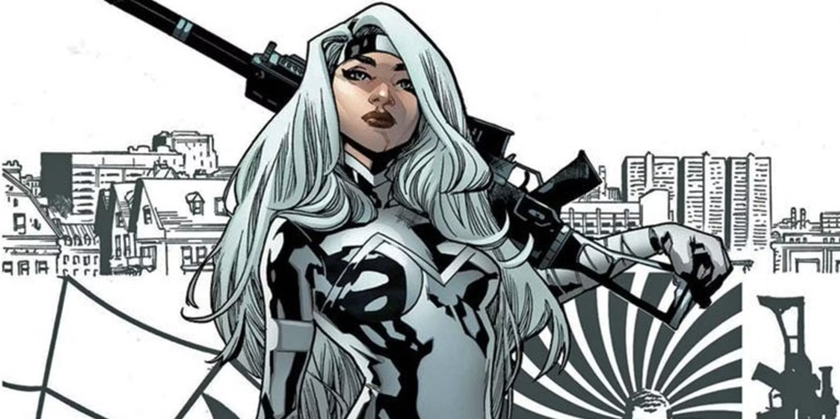 Silver Sable segura uma arma em uma história em quadrinhos da Marvel.