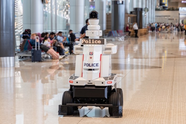 A police robot on patrol at Changi Airport in Singapore.