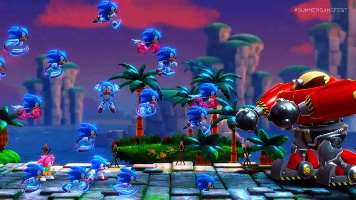 Multiple Sonics fight a robot in Sonic Superstars.