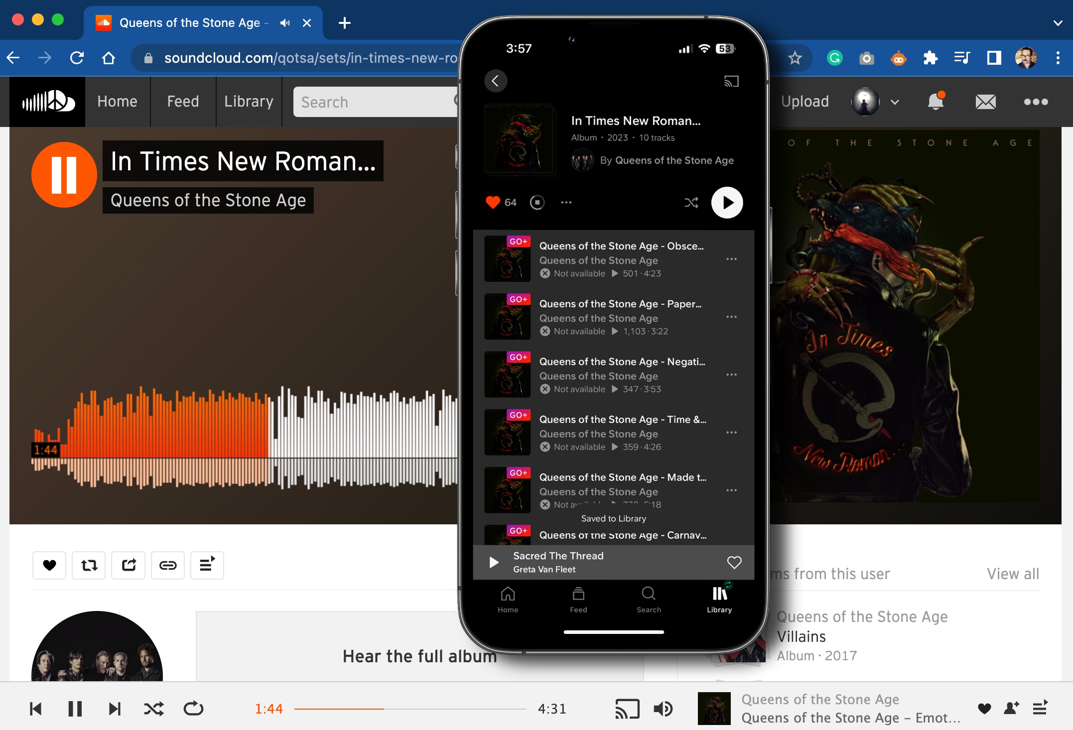 SoundCloud browser image with iPhone and app on the screen.