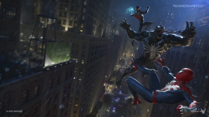 Peter Parker and Miles Morales fighting Venom in New York City