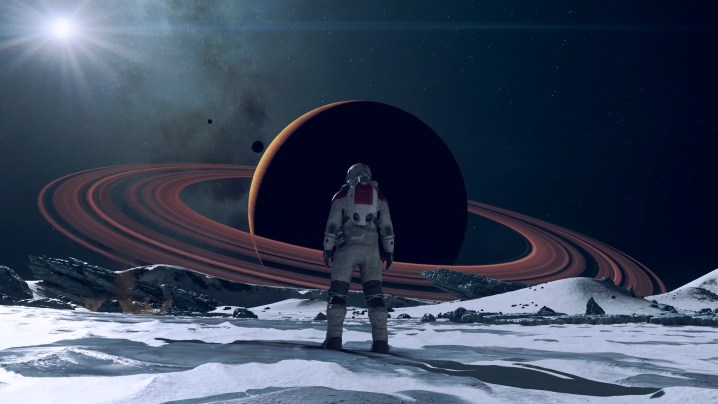 An astronaut stands on the moon in Starfield.