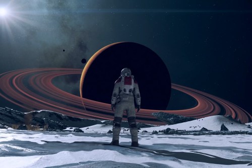 An astronaut stands on the moon in Starfield.