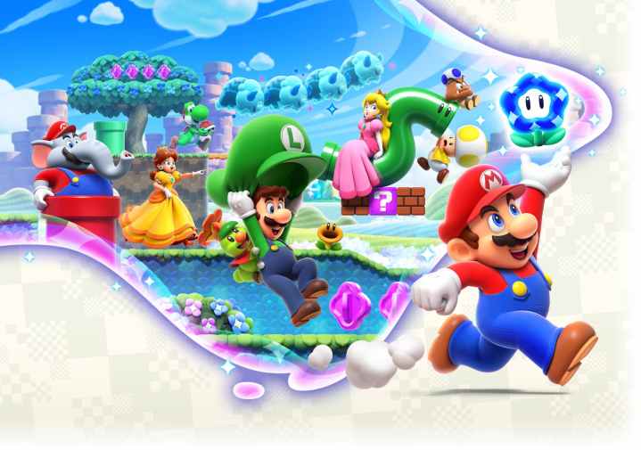 Mario, Luigi, Peach and Yoshi in Super Mario Bros.: Wonder key art.