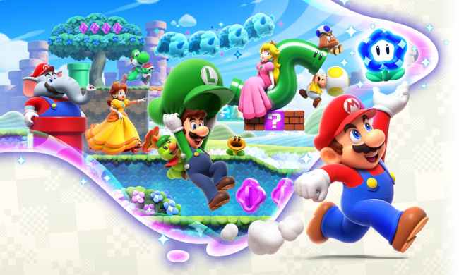 Mario, Luigi, Peach and Yoshi in Super Mario Bros.: Wonder key art.