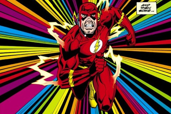 O Flash corre para a câmera em uma história em quadrinhos da DC.