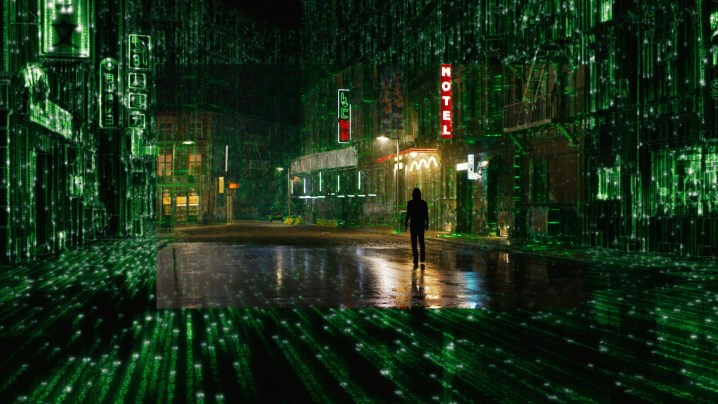 Neo walks in a computer simulation in The Matrix: Resurrections.