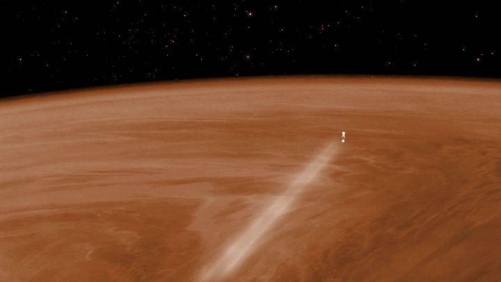 uma renderização de uma espaçonave desacelerando na atmosfera de Vênus