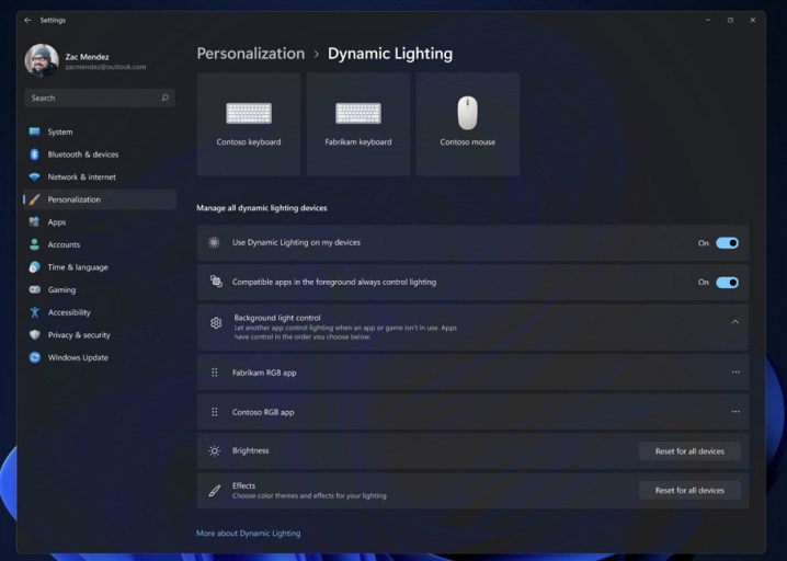 Dynamic Lighting settings in Windows 11.