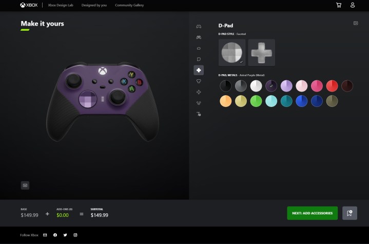 Xbox Design Lab options for the Elite Series 2 controller.