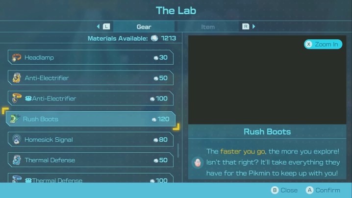 Looking at the Rush Boots in The Lab in Pikmin 4.