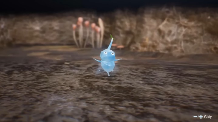An ice pikmin dancing in a cave.