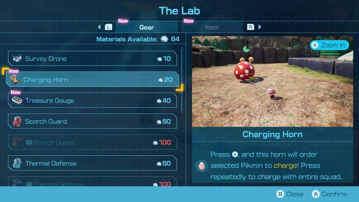 Looking at the Charging Horn in the shop in Pikmin 4.