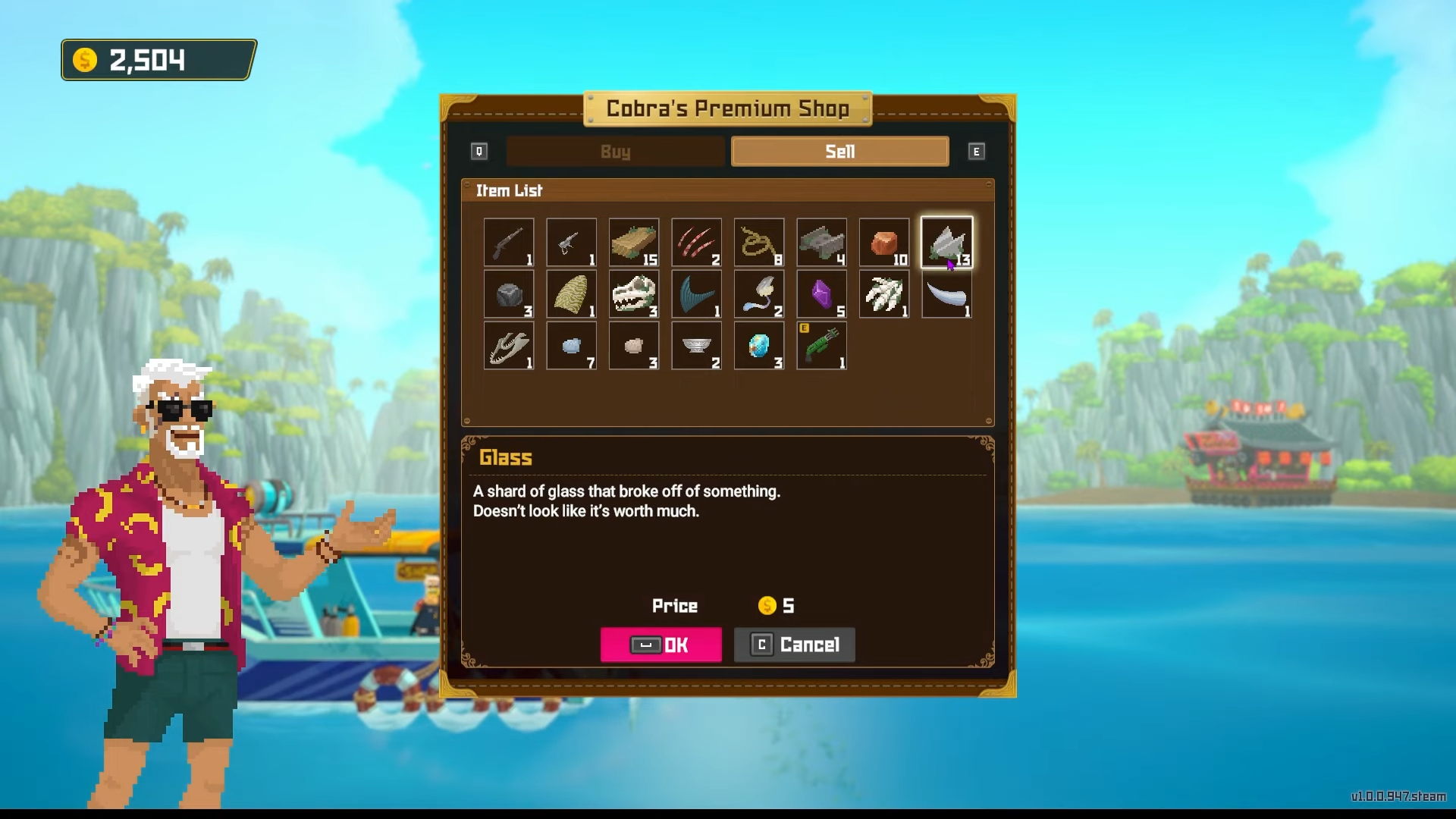 Selling items at Cobra's premium shop on a boat.