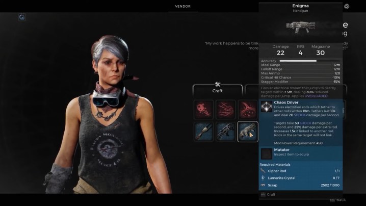 A character looking at crafting a gun in Remnant 2.
