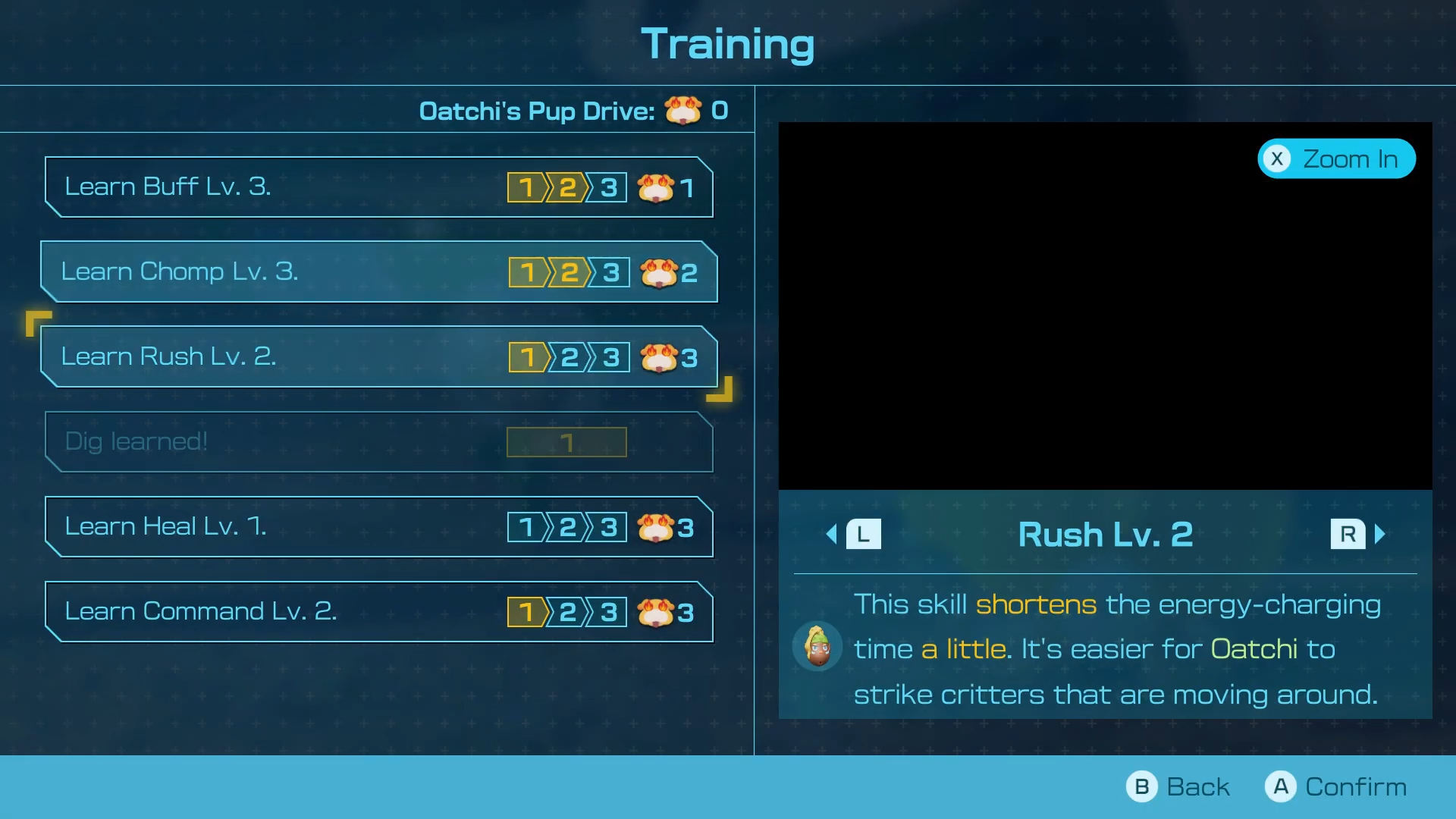 Menu de treinamento de Oatchi mostrando a atualização da habilidade Rush.