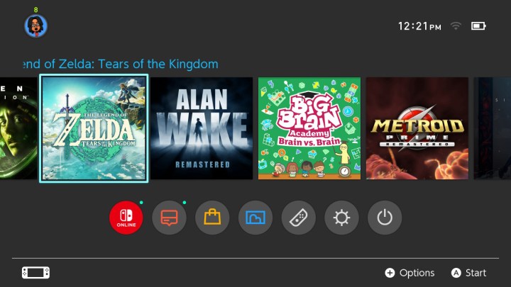 Homescreen with games on Nintendo Switch.
