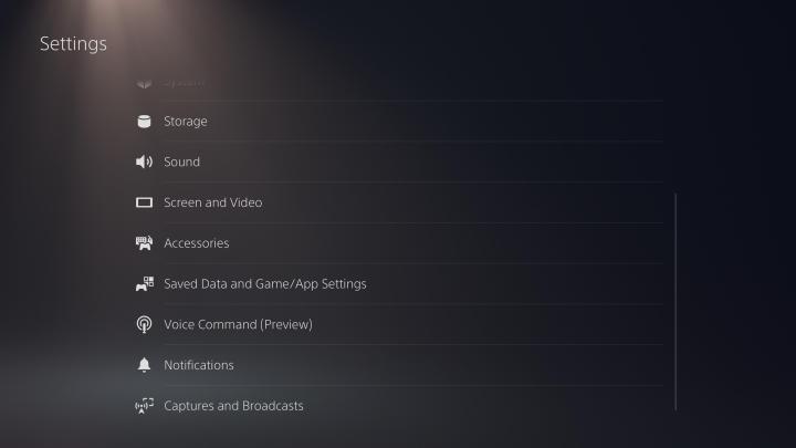 Settings menu on PS5