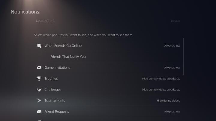 Menu de configurações de notificações do PS5