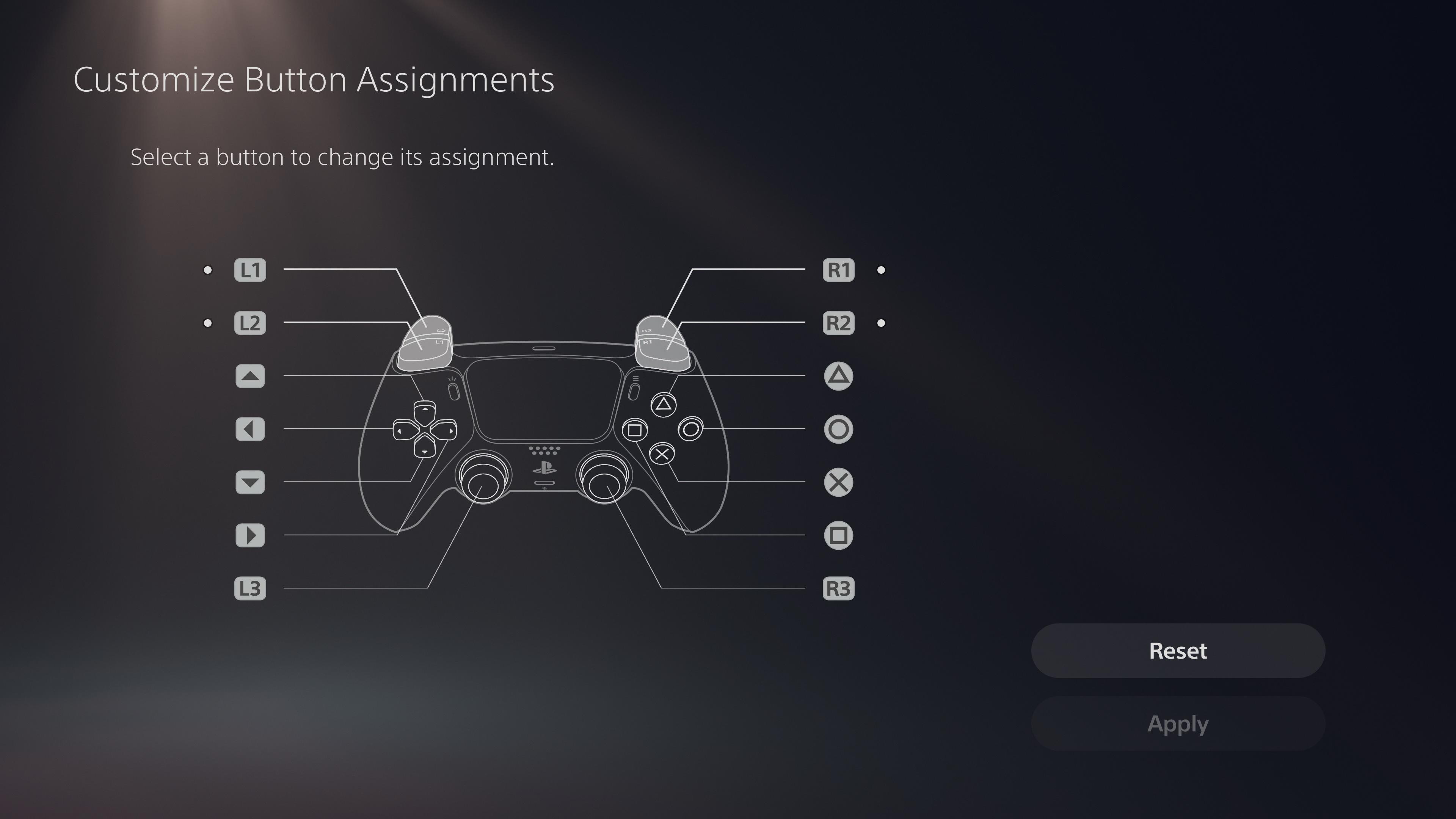 Menu de configurações do PS5 para remapeamento do controlador