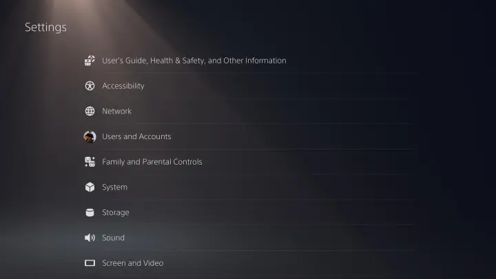 Menu de configurações do PS5