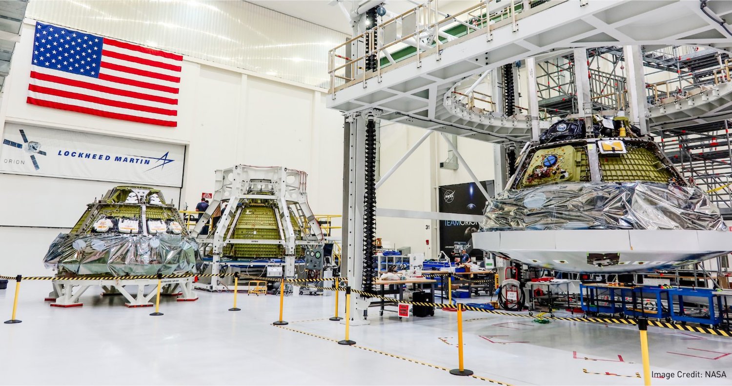 Three NASA Orion spacecraft in production.