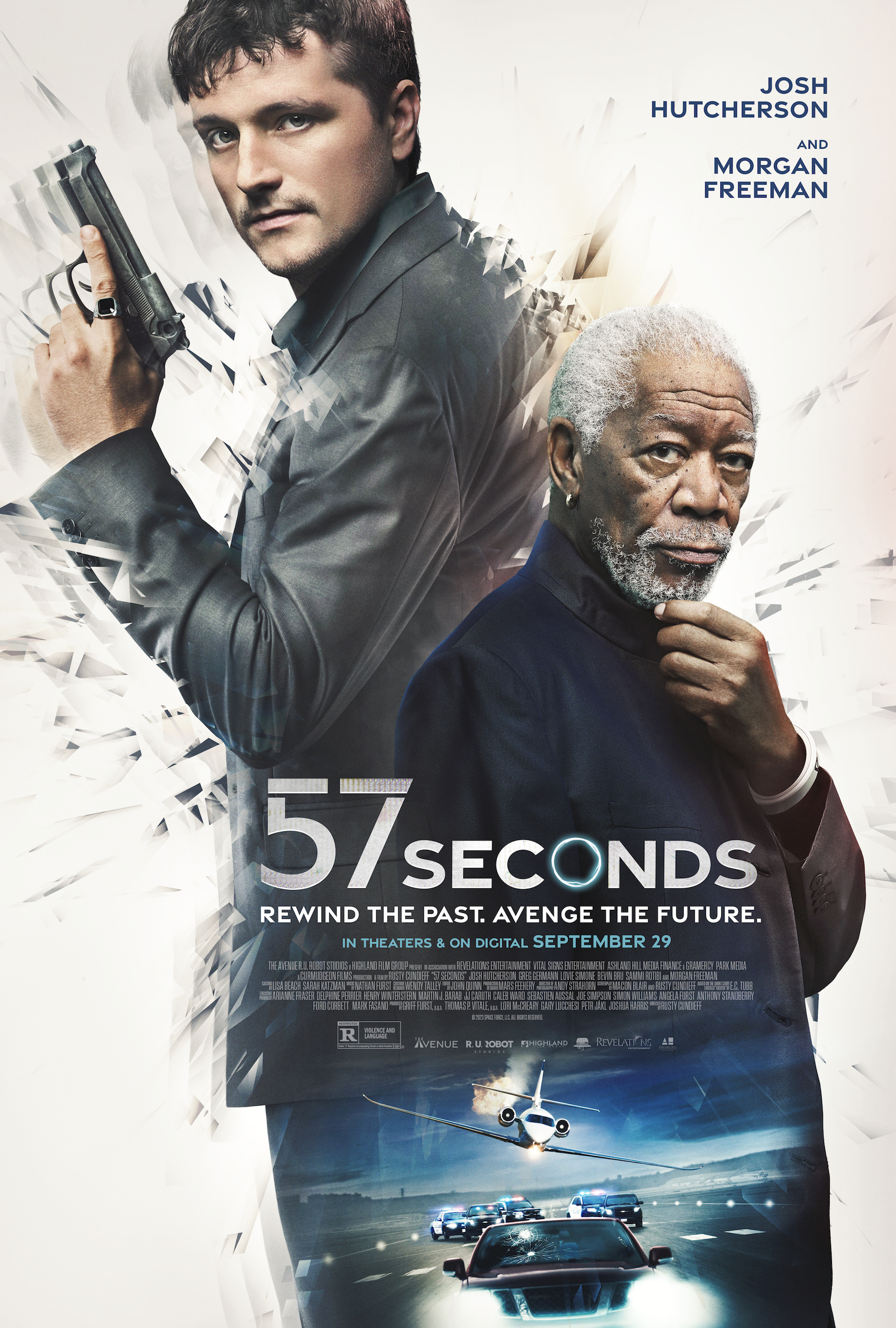 Josh Hutcherson y Morgan Freeman posan en el póster de 57 Seconds.