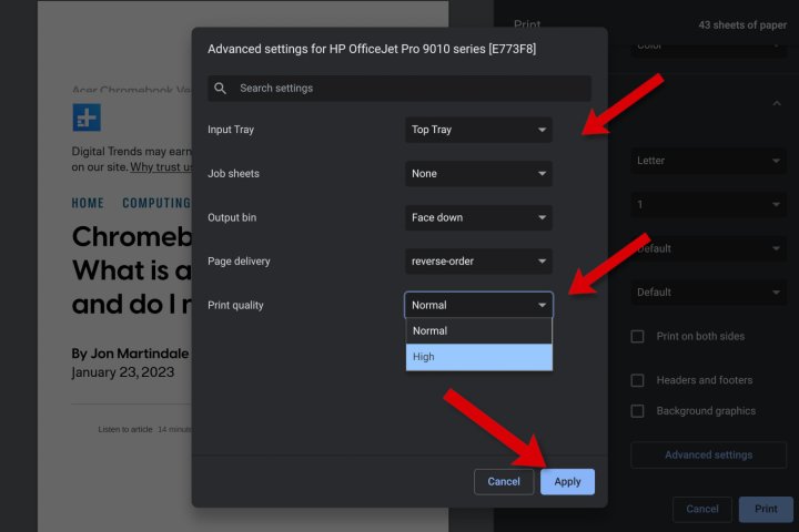 A new window opens where you can choose print quality, iinputm and output trays.