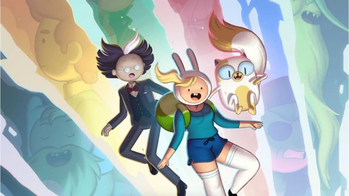 Três personagens da série Hora de Aventura: Fionna e Cat flutuando em um fundo multicolorido.