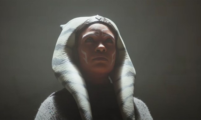 Rosario Dawson as Ahsoka in an ancient ruin in the titular series.