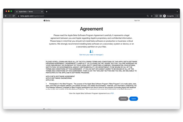 Navigateur Chrome affichant l’accord du programme logiciel Apple Beta.
