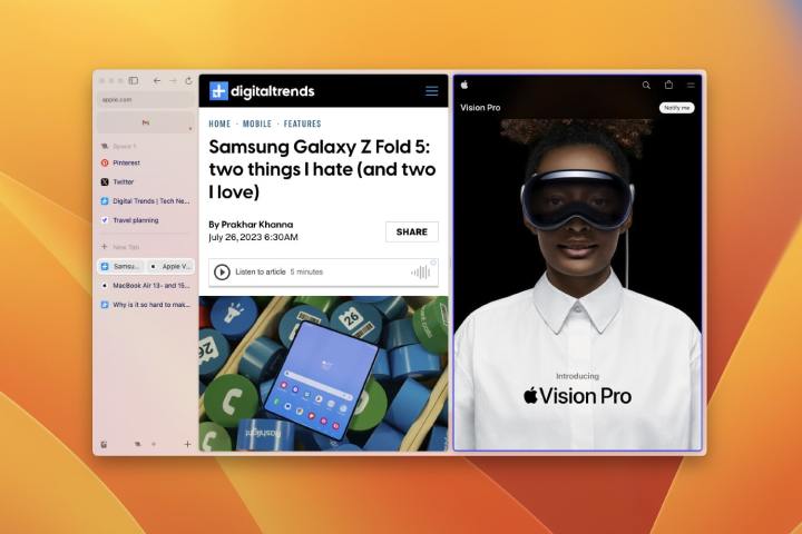 O navegador Arc em execução no macOS Ventura, mostrando duas guias lado a lado no modo Split View.