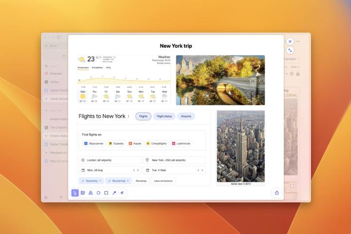 O navegador da Web Arc em execução no macOS Ventura, mostrando um cavalete com snippets ao vivo listando as temperaturas em Nova York e voos de Londres para lá.