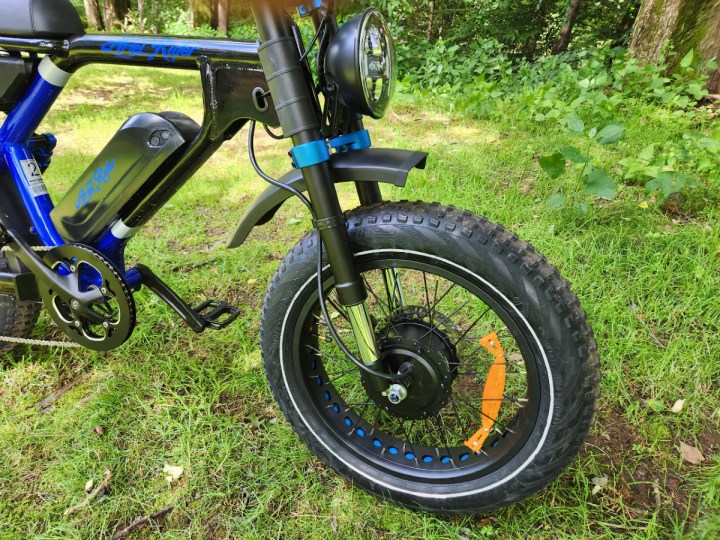 Ariel Rider Grizzly front wheel with second 1,000-watt motor, and hydraulic disc brake.