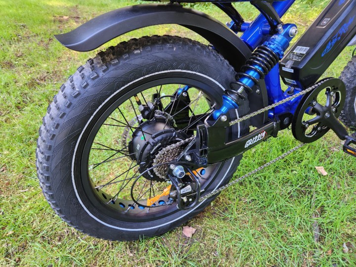 Ariel Rider Grizzly with rear wheel 1,000-watt motor, hydraulic disc brake, and rear shock suspension.