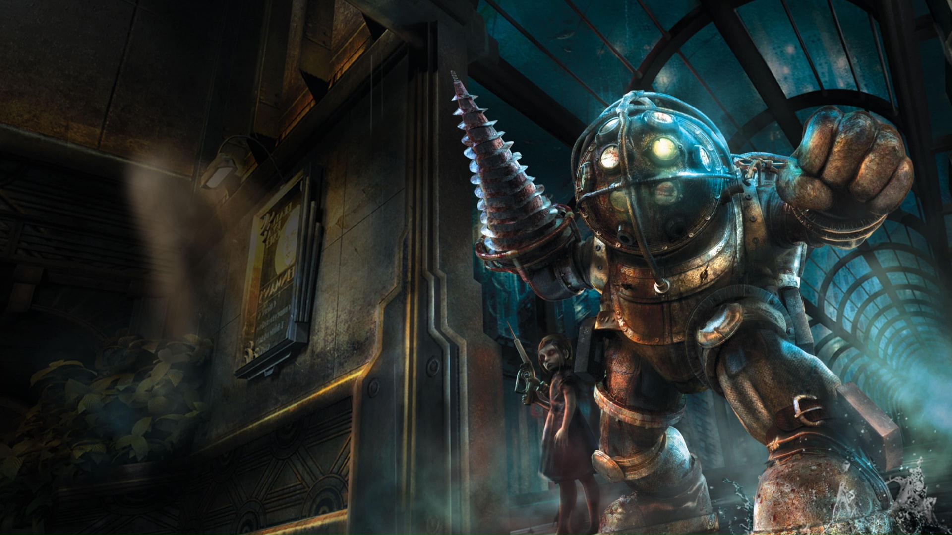 Arte promocional de BioShock apresentando o ameaçador Big Daddy em seu traje blindado.