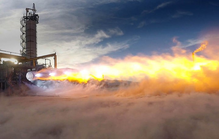 Blue Origin performing a ground-based test on a BE-4 engine.
