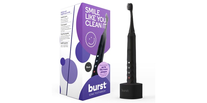 The Burst Charcoal Black Electric Toothbrush next to its packaging and on a white background.