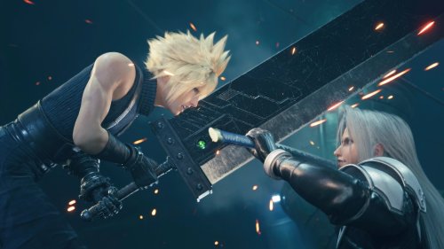 Cloud and Sephiroth fighting.