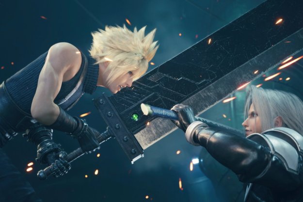 Cloud and Sephiroth fighting.